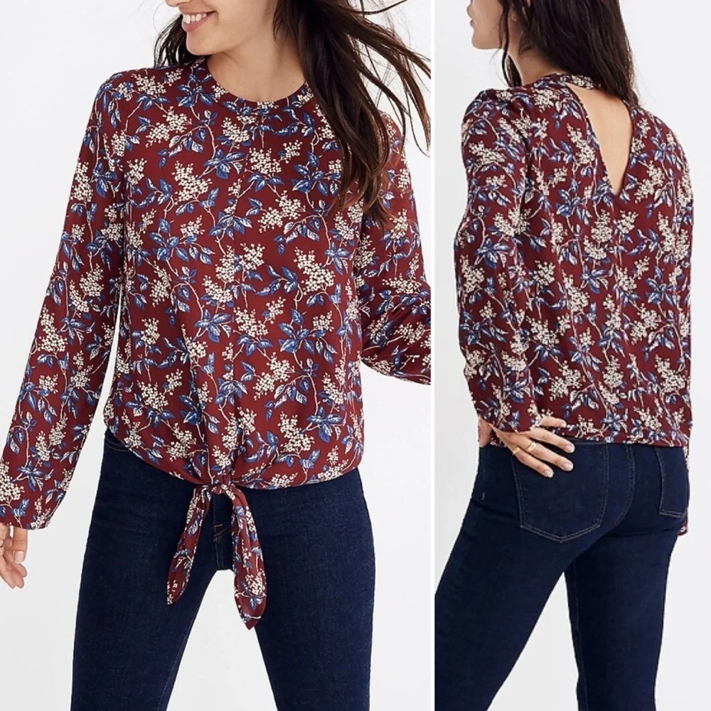 Madewell Bell-Sleeve Tie Top in Antique Flora Sz Large